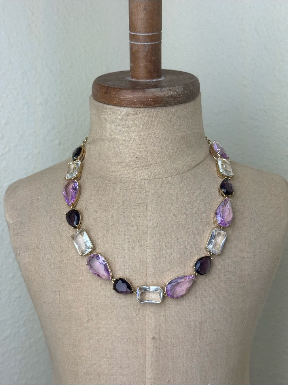 Gold Tone Natasha Riviere Style Necklace Purple Glass Stones